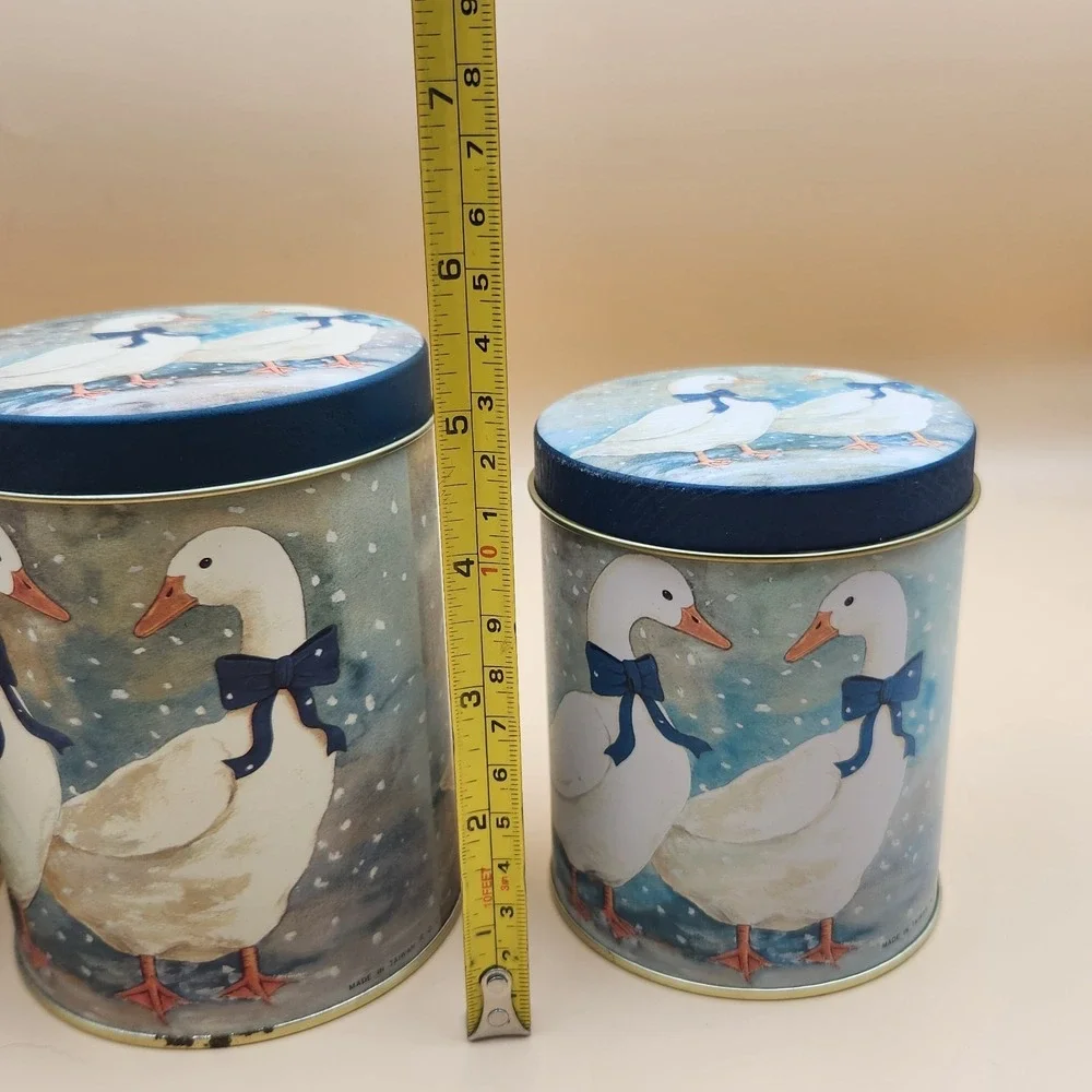 3pc Vintage Blue Ribbon Country Goose Nesting Tin Canisters Cottagecore Granny
